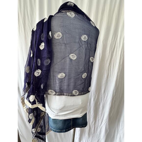 Navy Blue Sheer Embroidered Scarf – 39 x 88 Inches – Paisley Motif - Picture 4 of 7